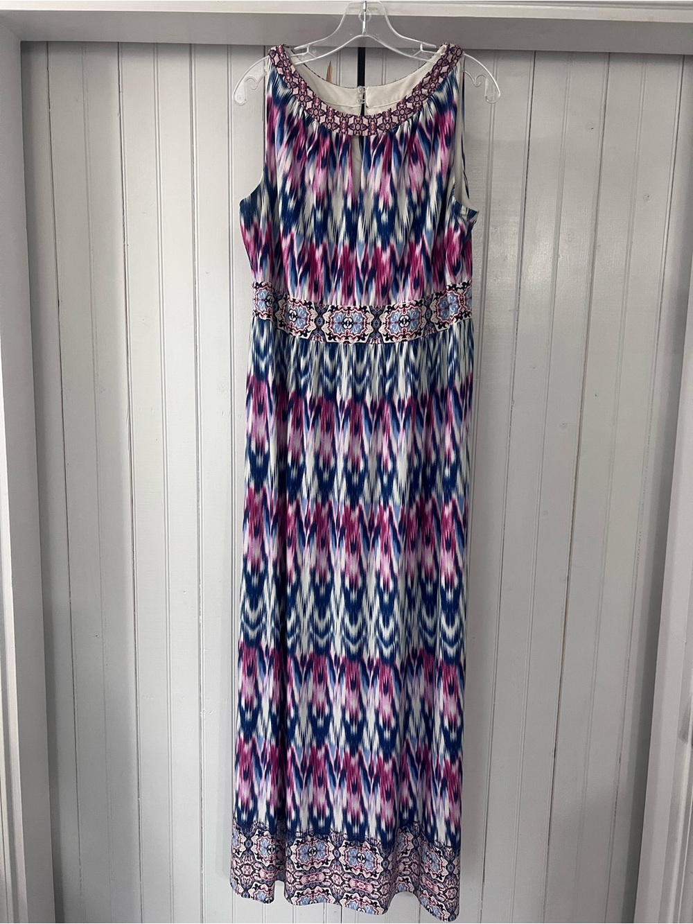 London Times Sleeveless Maxi Dress in Pink, Navy and White Ikat Print